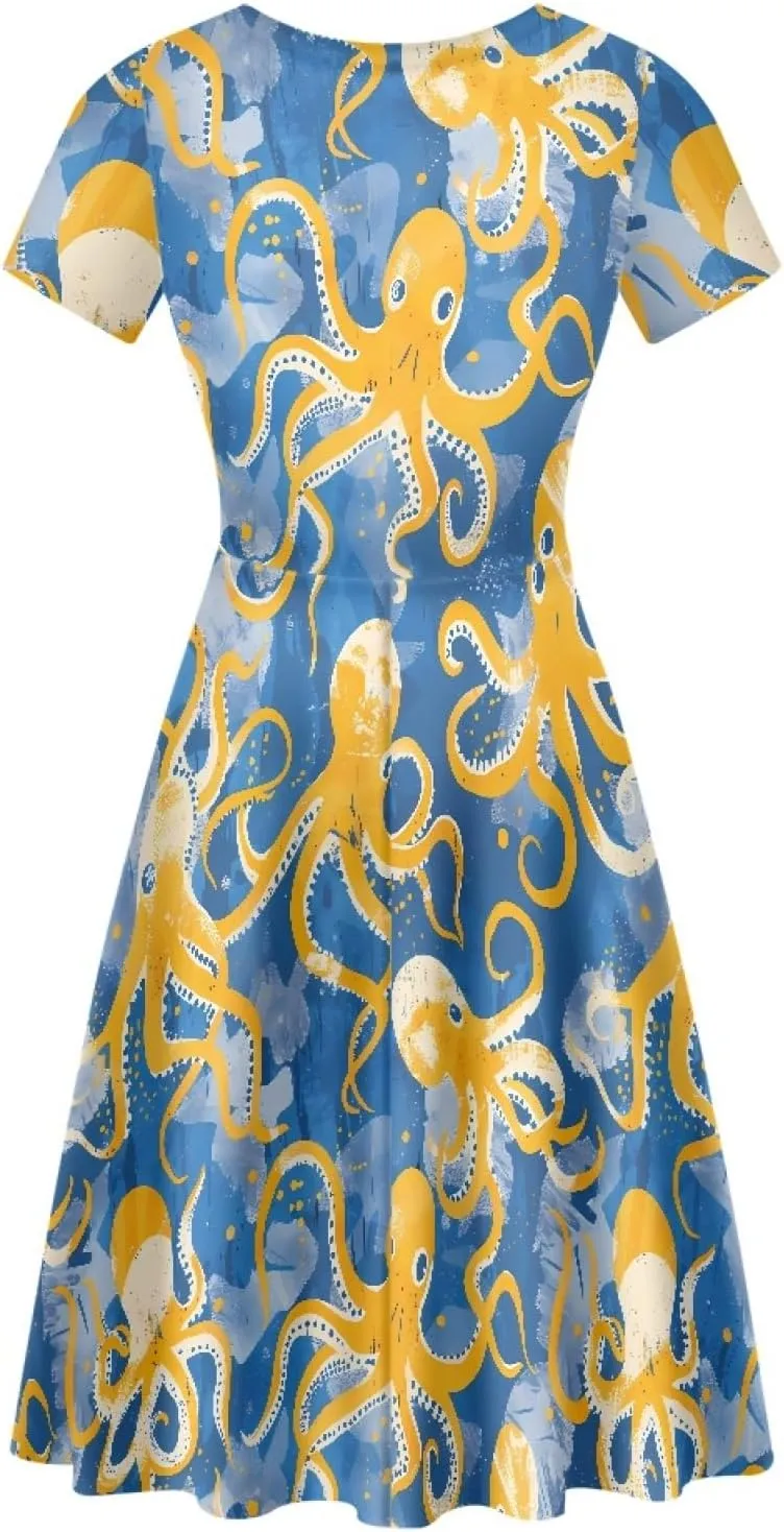 KiuLoam Women Summer Midi Dresses Short Sleeve Crew Neck A Line Dress Party Elegant Casual Dresses Plus Size S-4XL