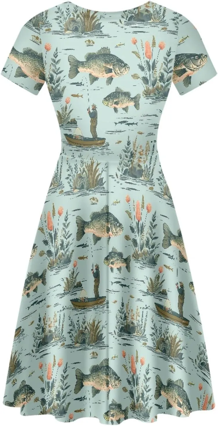 KiuLoam Women Summer Midi Dresses Short Sleeve Crew Neck A Line Dress Party Elegant Casual Dresses Plus Size S-4XL