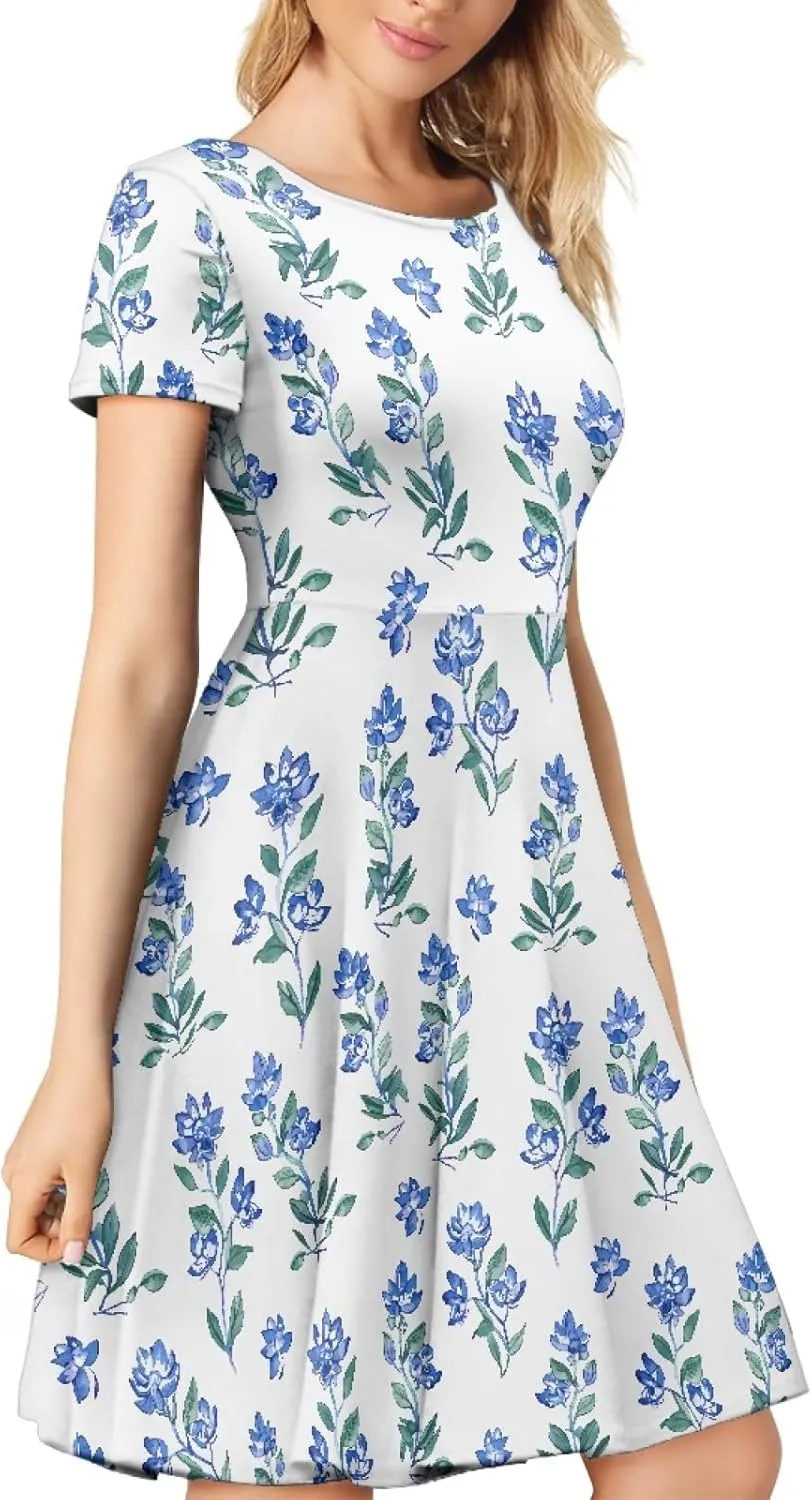 KiuLoam Women Summer Midi Dresses Short Sleeve Crew Neck A Line Dress Party Elegant Casual Dresses Plus Size S-4XL