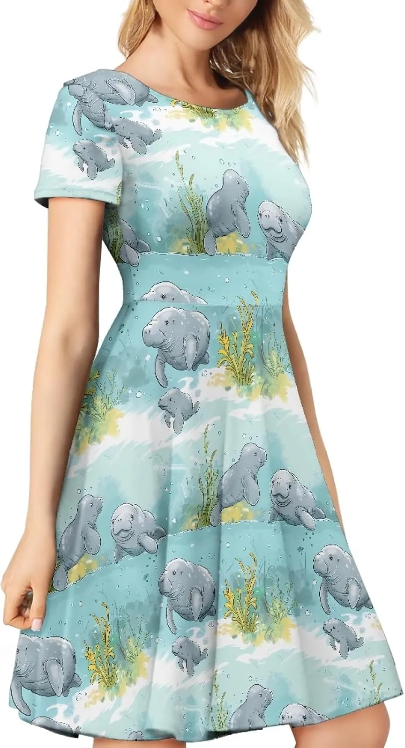 KiuLoam Women Summer Midi Dresses Short Sleeve Crew Neck A Line Dress Party Elegant Casual Dresses Plus Size S-4XL