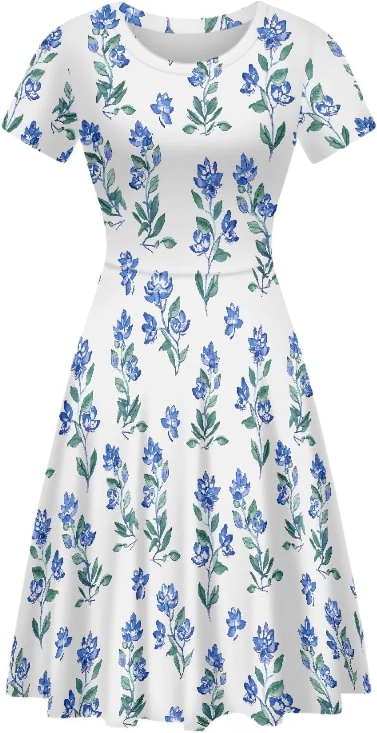 KiuLoam Women Summer Midi Dresses Short Sleeve Crew Neck A Line Dress Party Elegant Casual Dresses Plus Size S-4XL