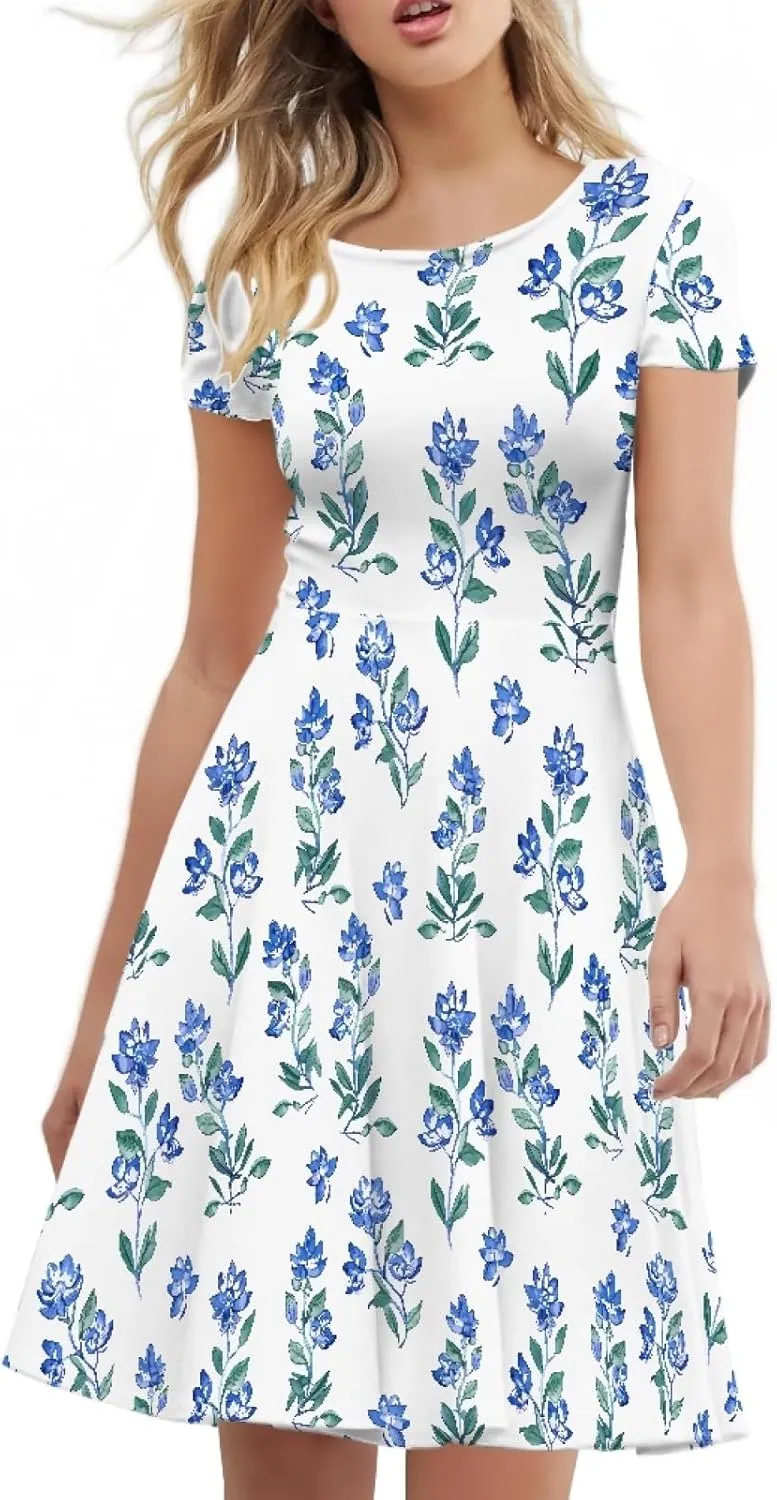 KiuLoam Women Summer Midi Dresses Short Sleeve Crew Neck A Line Dress Party Elegant Casual Dresses Plus Size S-4XL