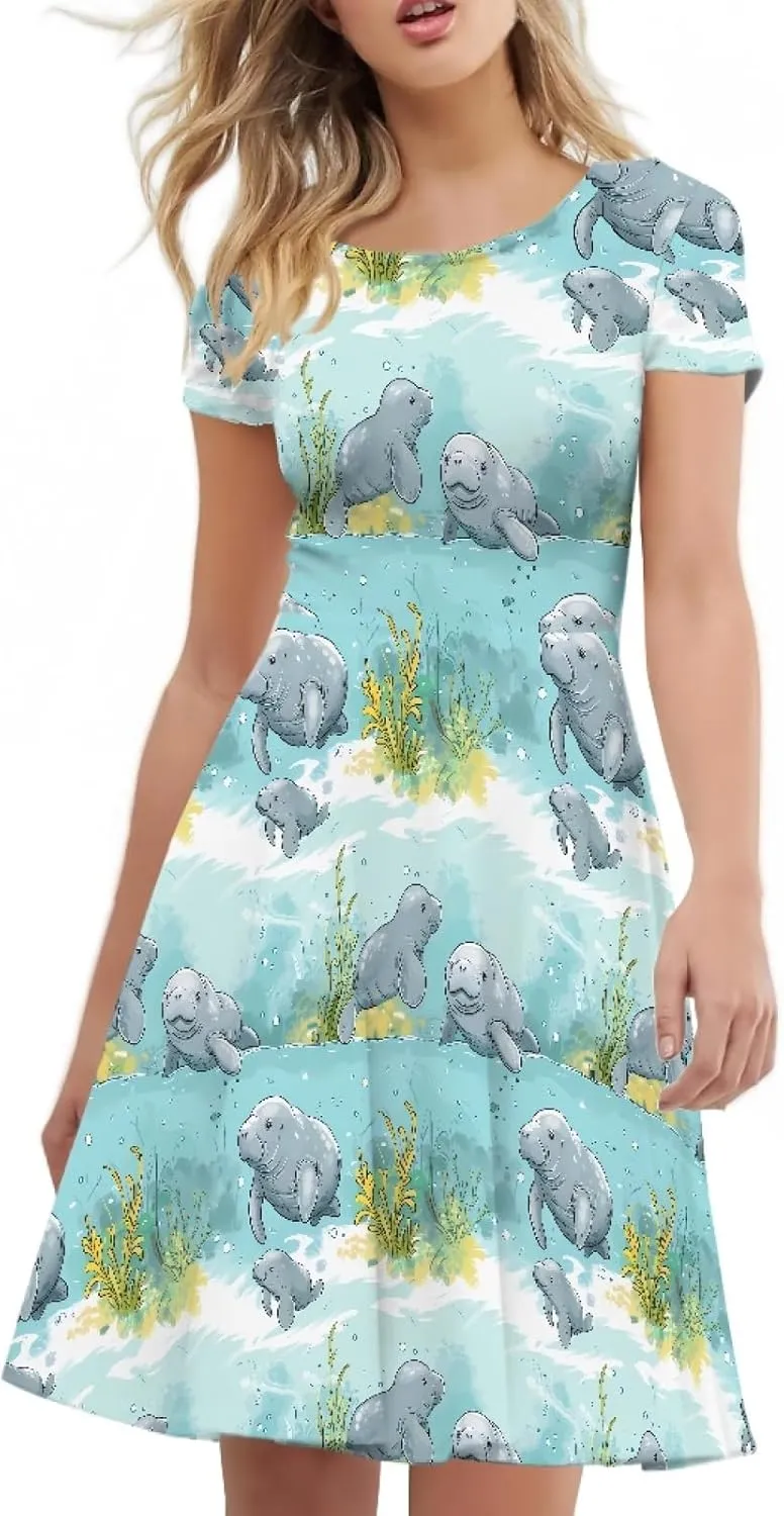 KiuLoam Women Summer Midi Dresses Short Sleeve Crew Neck A Line Dress Party Elegant Casual Dresses Plus Size S-4XL