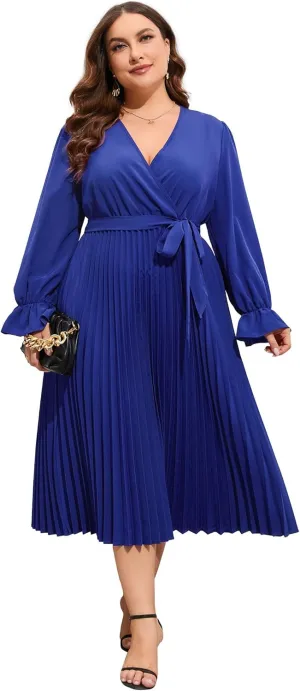 KOJOOIN Women's Wrap V Neck Pleated Hem Dress Ruffle Long Sleeves Elegant Casual