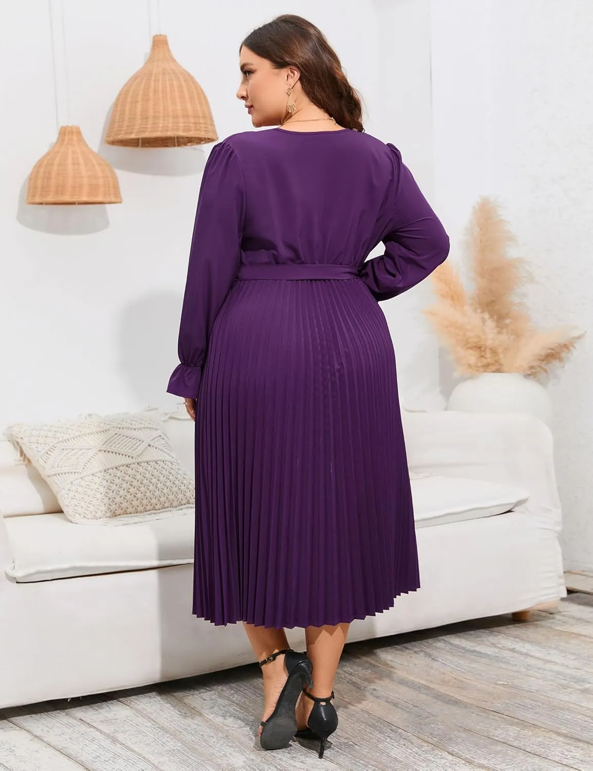 KOJOOIN Women's Wrap V Neck Pleated Hem Dress Ruffle Long Sleeves Elegant Casual