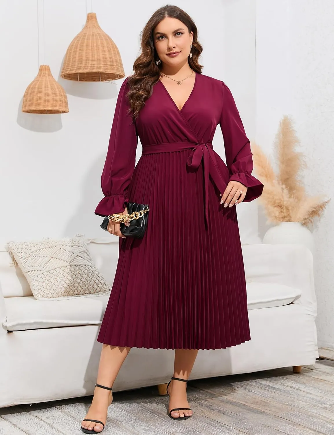 KOJOOIN Women's Wrap V Neck Pleated Hem Dress Ruffle Long Sleeves Elegant Casual