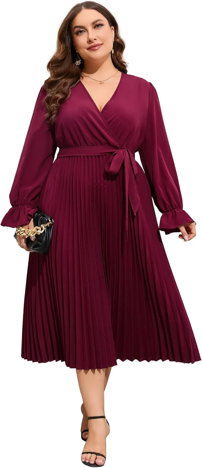 KOJOOIN Women's Wrap V Neck Pleated Hem Dress Ruffle Long Sleeves Elegant Casual