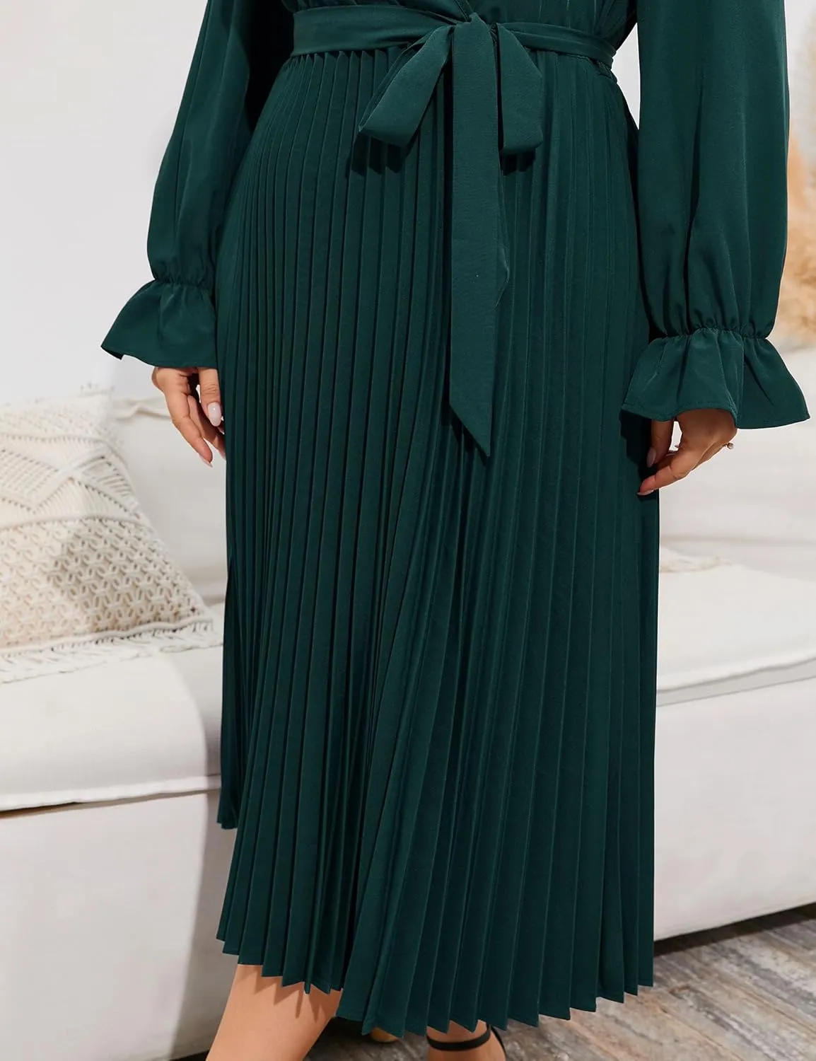 KOJOOIN Women's Wrap V Neck Pleated Hem Dress Ruffle Long Sleeves Elegant Casual