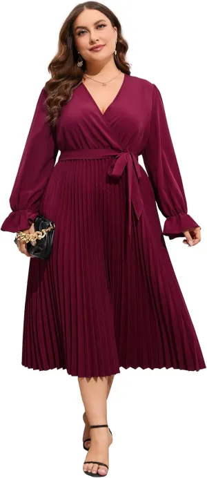 KOJOOIN Women's Wrap V Neck Pleated Hem Dress Ruffle Long Sleeves Elegant Casual