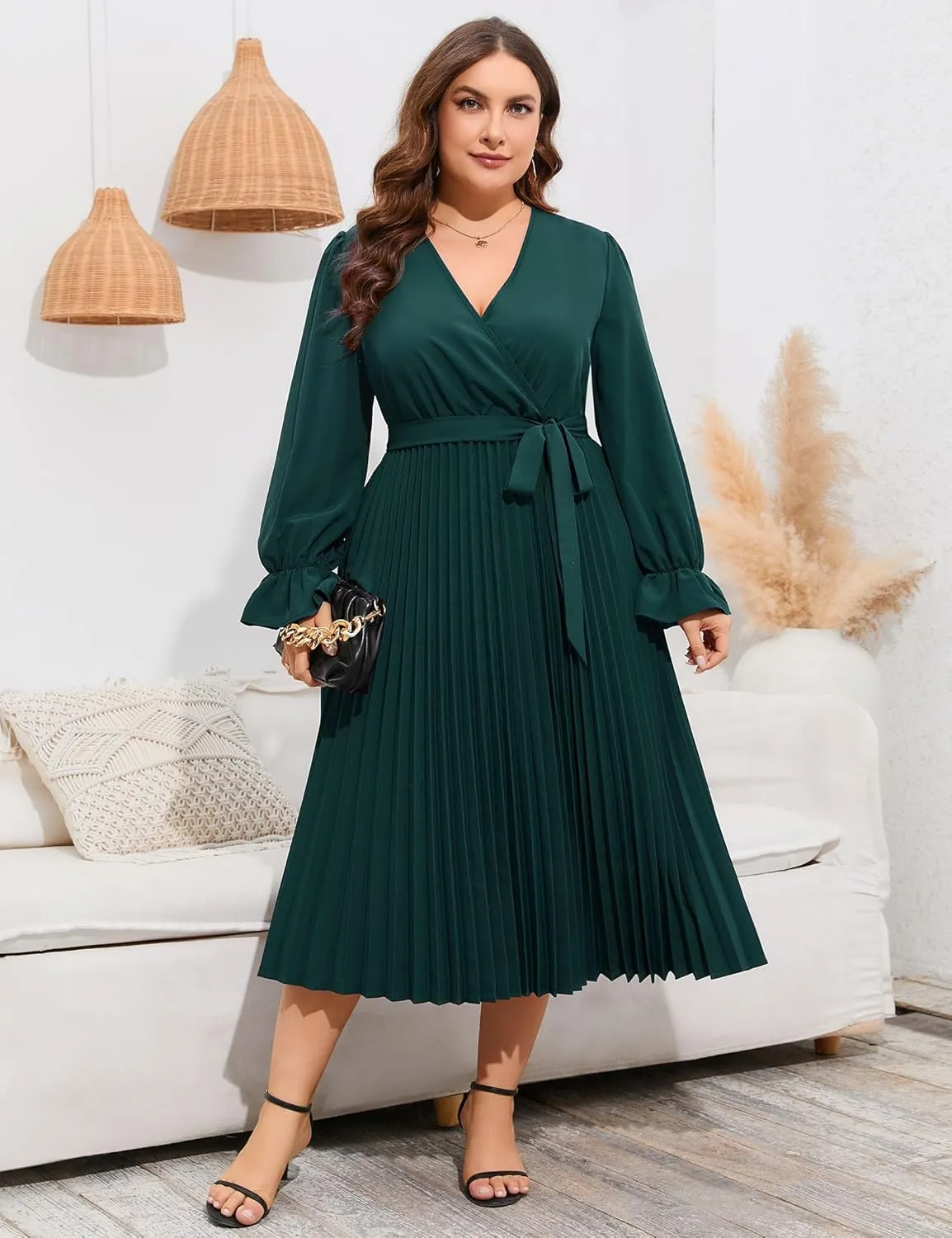 KOJOOIN Women's Wrap V Neck Pleated Hem Dress Ruffle Long Sleeves Elegant Casual