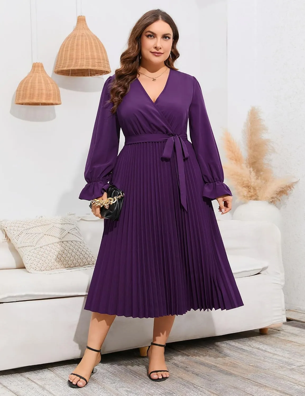 KOJOOIN Women's Wrap V Neck Pleated Hem Dress Ruffle Long Sleeves Elegant Casual