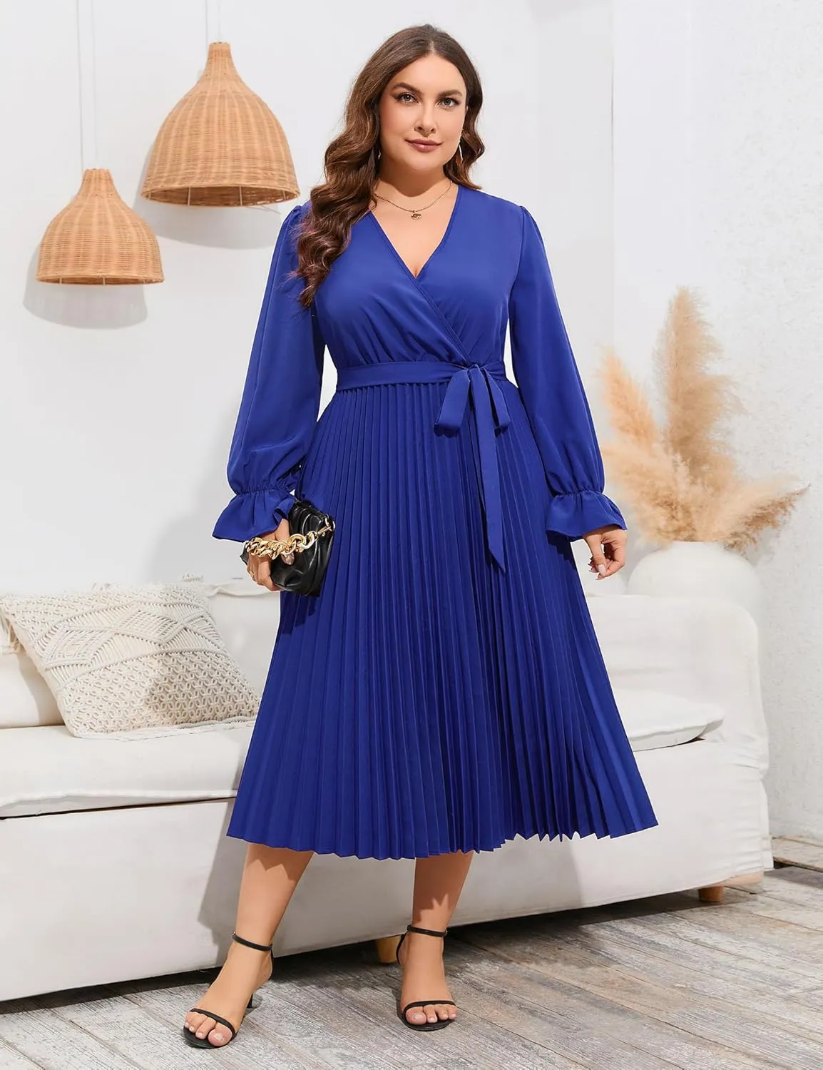 KOJOOIN Women's Wrap V Neck Pleated Hem Dress Ruffle Long Sleeves Elegant Casual