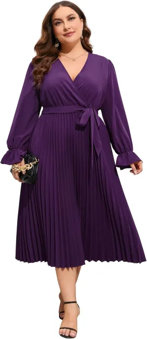 KOJOOIN Women's Wrap V Neck Pleated Hem Dress Ruffle Long Sleeves Elegant Casual