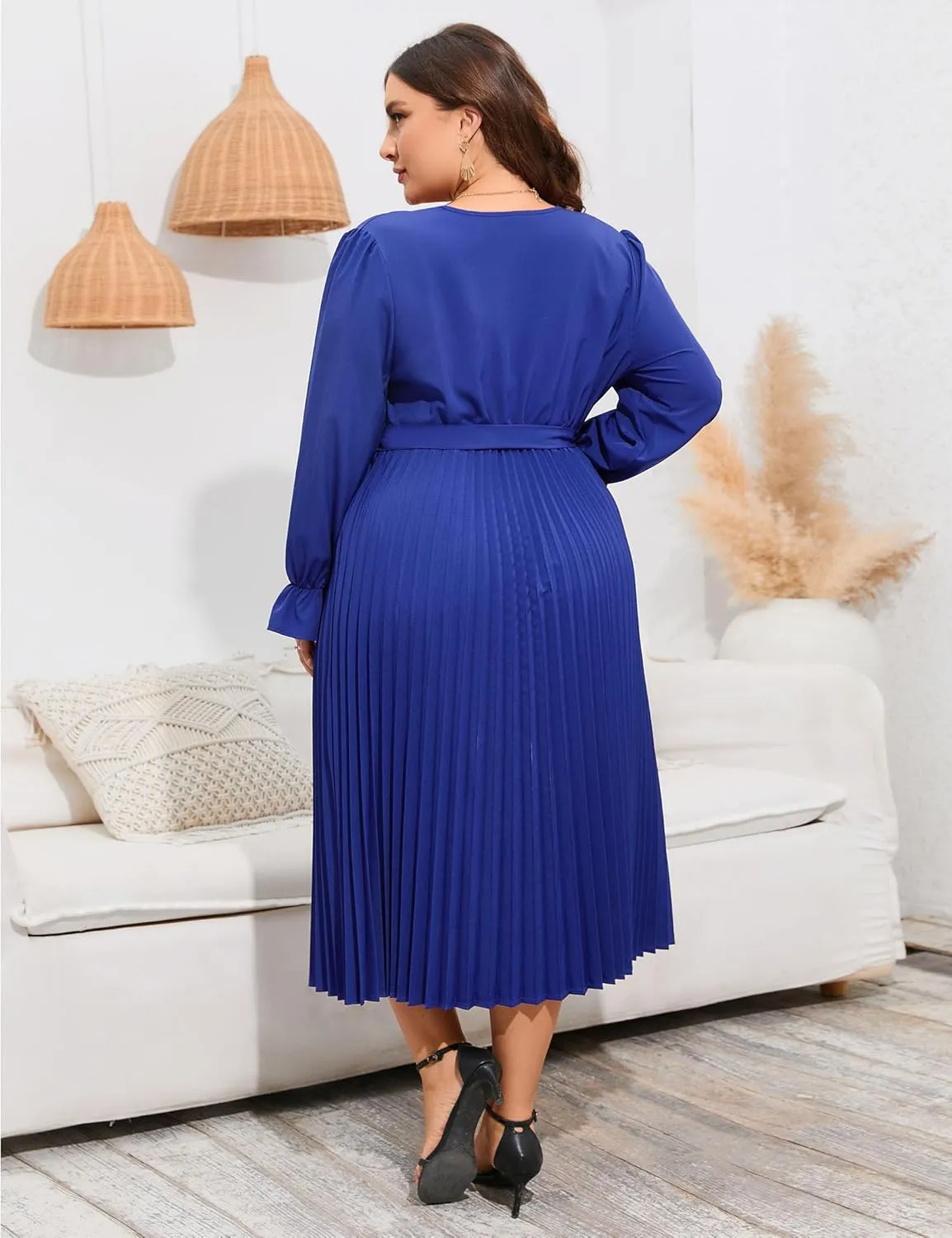 KOJOOIN Women's Wrap V Neck Pleated Hem Dress Ruffle Long Sleeves Elegant Casual