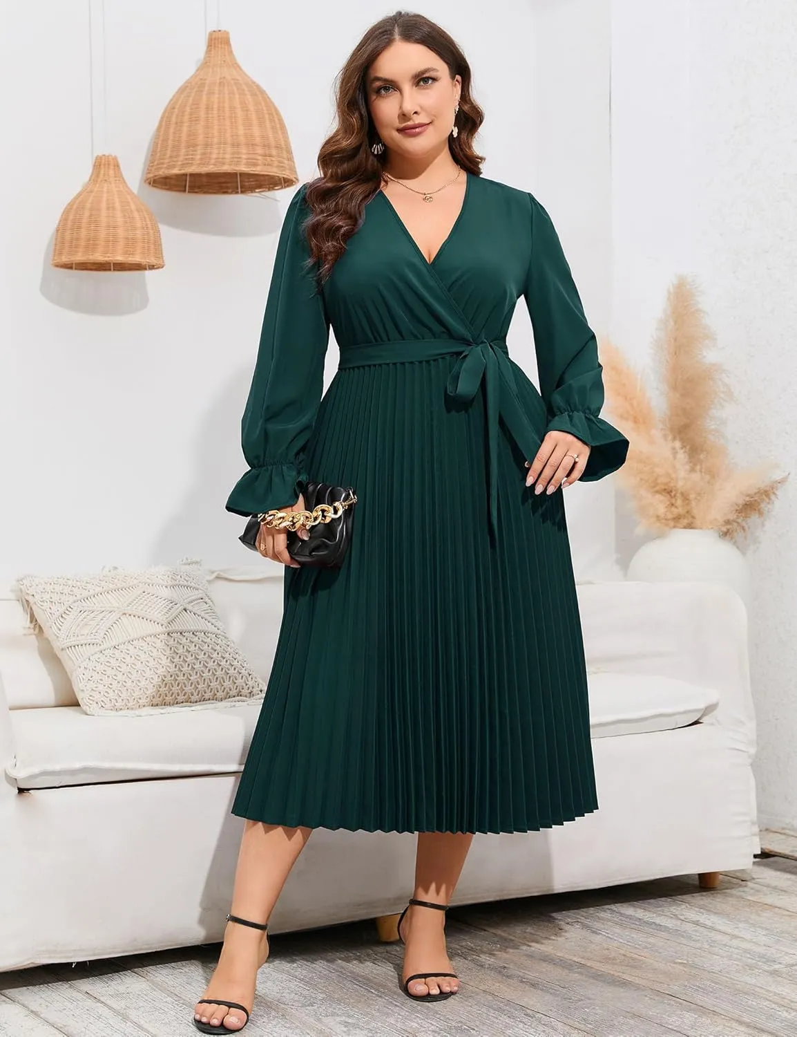 KOJOOIN Women's Wrap V Neck Pleated Hem Dress Ruffle Long Sleeves Elegant Casual