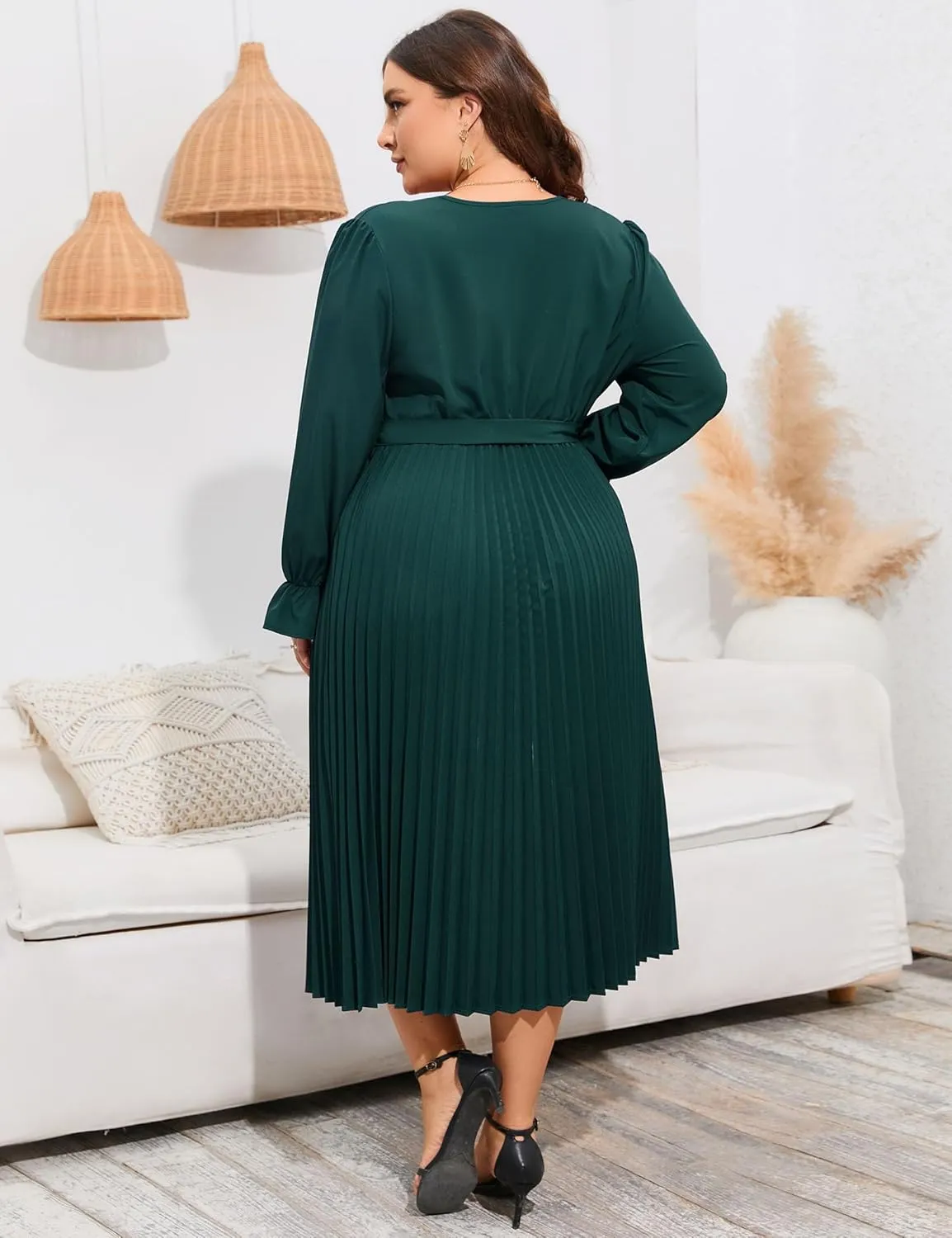 KOJOOIN Women's Wrap V Neck Pleated Hem Dress Ruffle Long Sleeves Elegant Casual