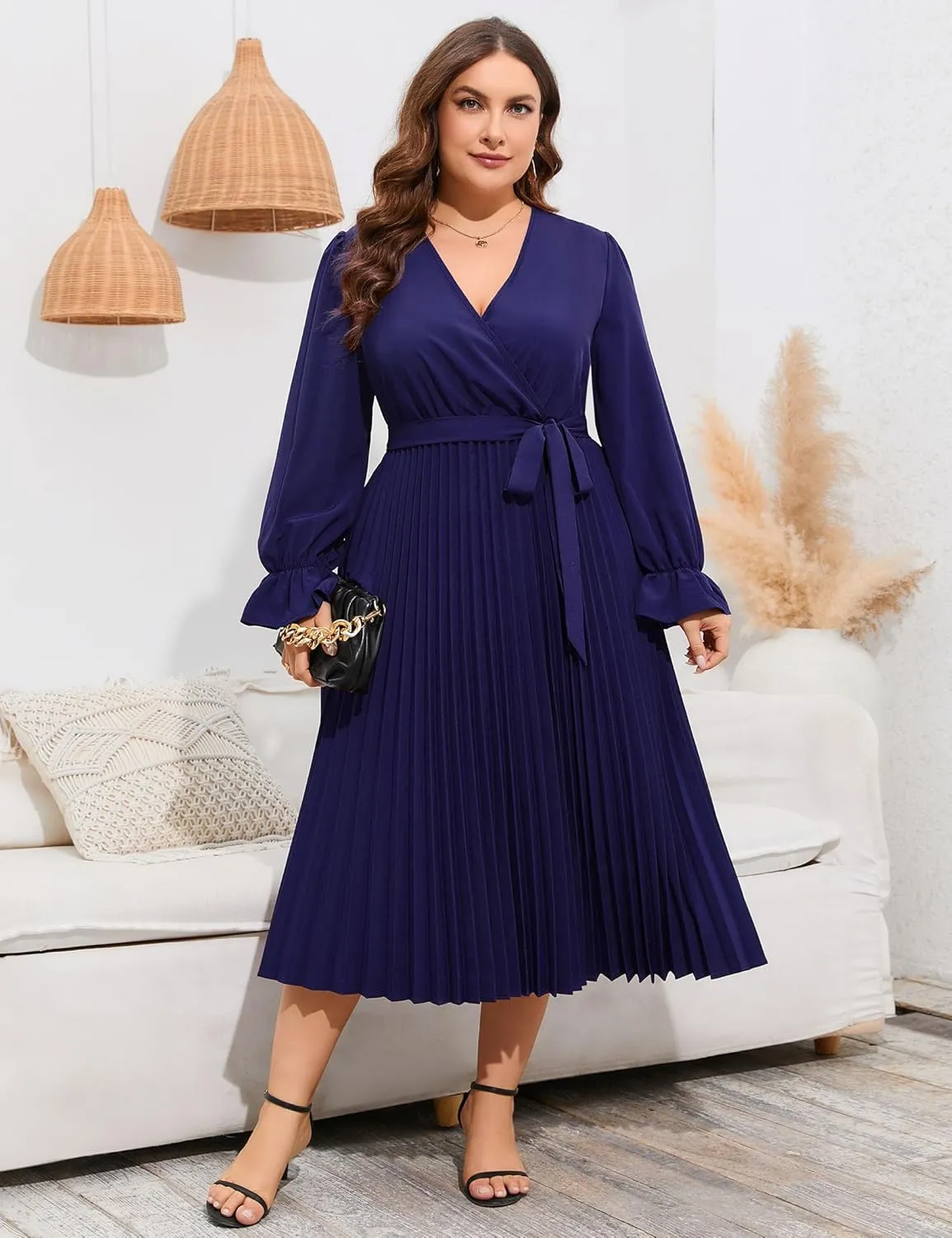 KOJOOIN Women's Wrap V Neck Pleated Hem Dress Ruffle Long Sleeves Elegant Casual