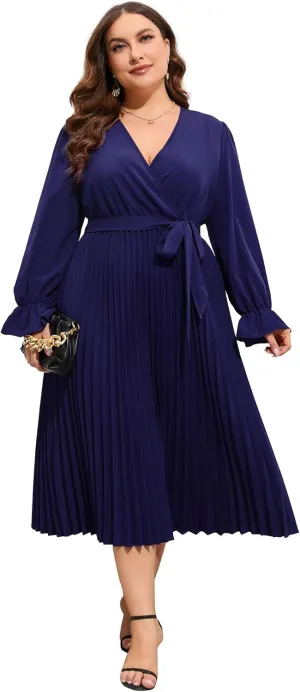 KOJOOIN Women's Wrap V Neck Pleated Hem Dress Ruffle Long Sleeves Elegant Casual