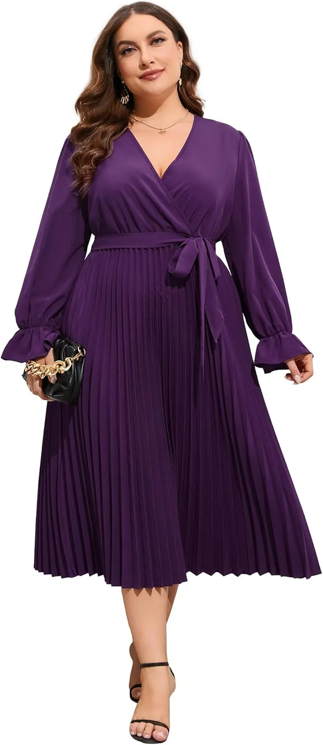 KOJOOIN Women's Wrap V Neck Pleated Hem Dress Ruffle Long Sleeves Elegant Casual