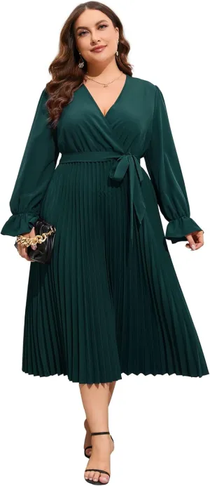 KOJOOIN Women's Wrap V Neck Pleated Hem Dress Ruffle Long Sleeves Elegant Casual