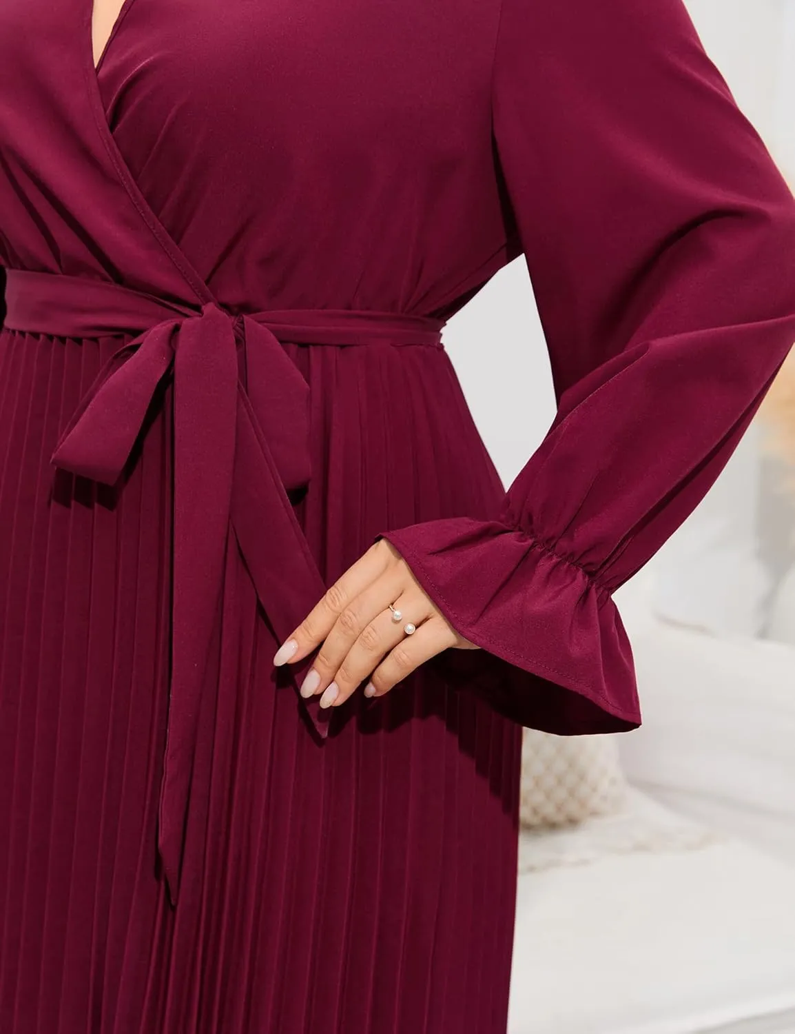 KOJOOIN Women's Wrap V Neck Pleated Hem Dress Ruffle Long Sleeves Elegant Casual