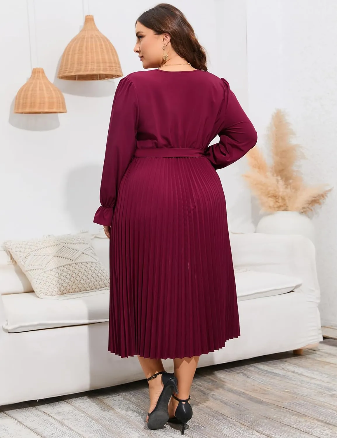KOJOOIN Women's Wrap V Neck Pleated Hem Dress Ruffle Long Sleeves Elegant Casual