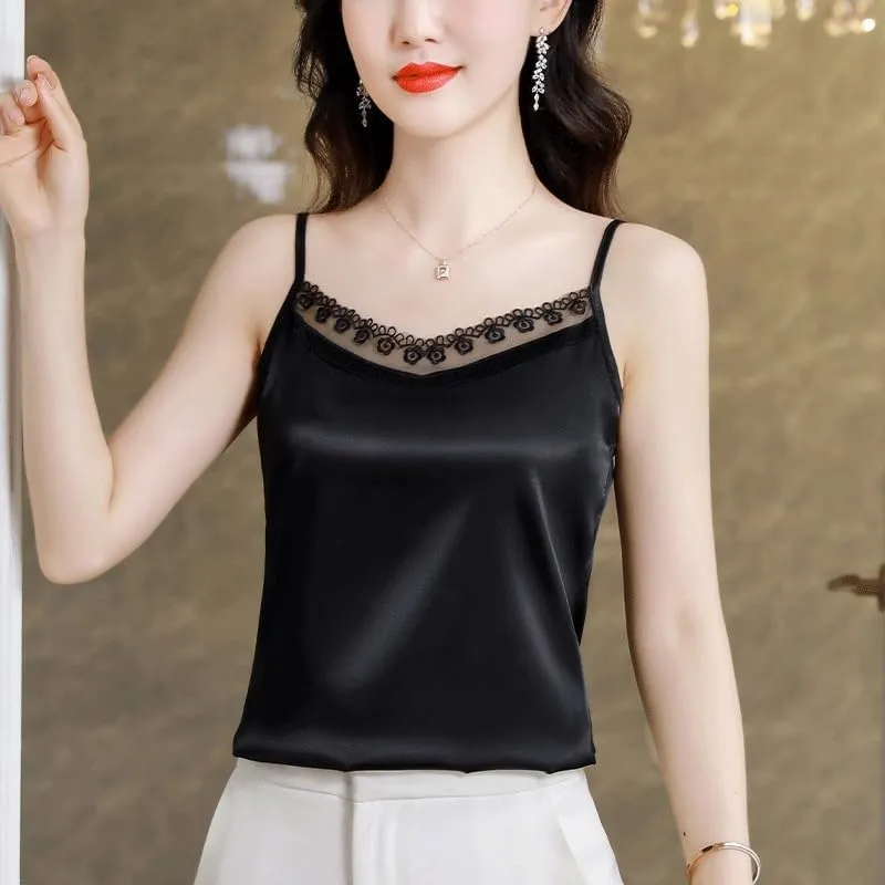 Lace Camisole Suit Base Shirt Fashionable Outer Wear Large Size Sleeveless Satin Top for Women(D,XXX-Large)