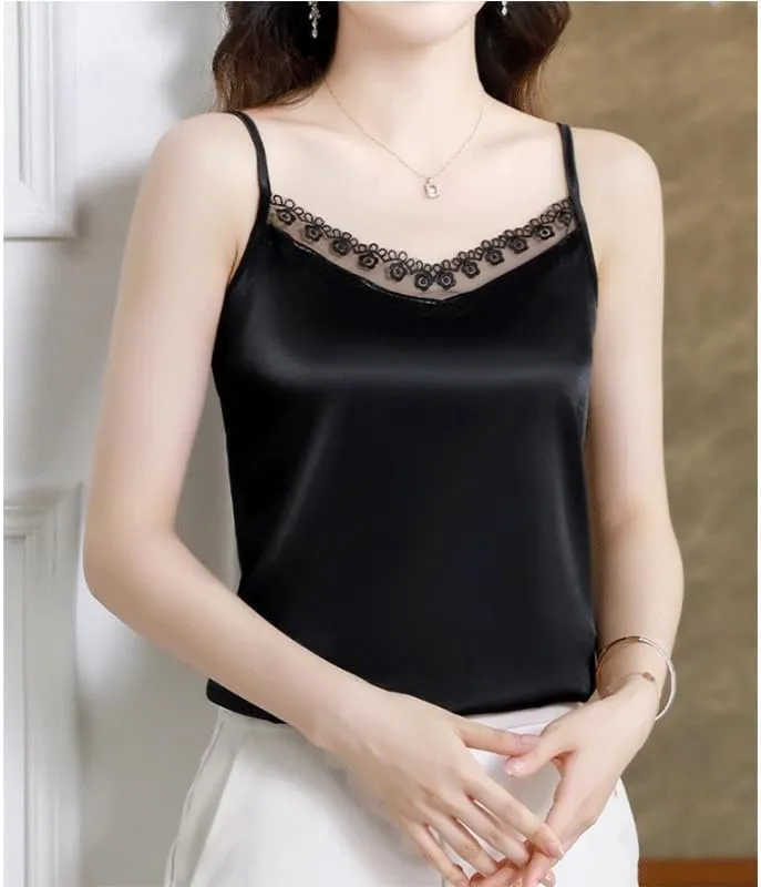 Lace Camisole Suit Base Shirt Fashionable Outer Wear Large Size Sleeveless Satin Top for Women(D,XXX-Large)