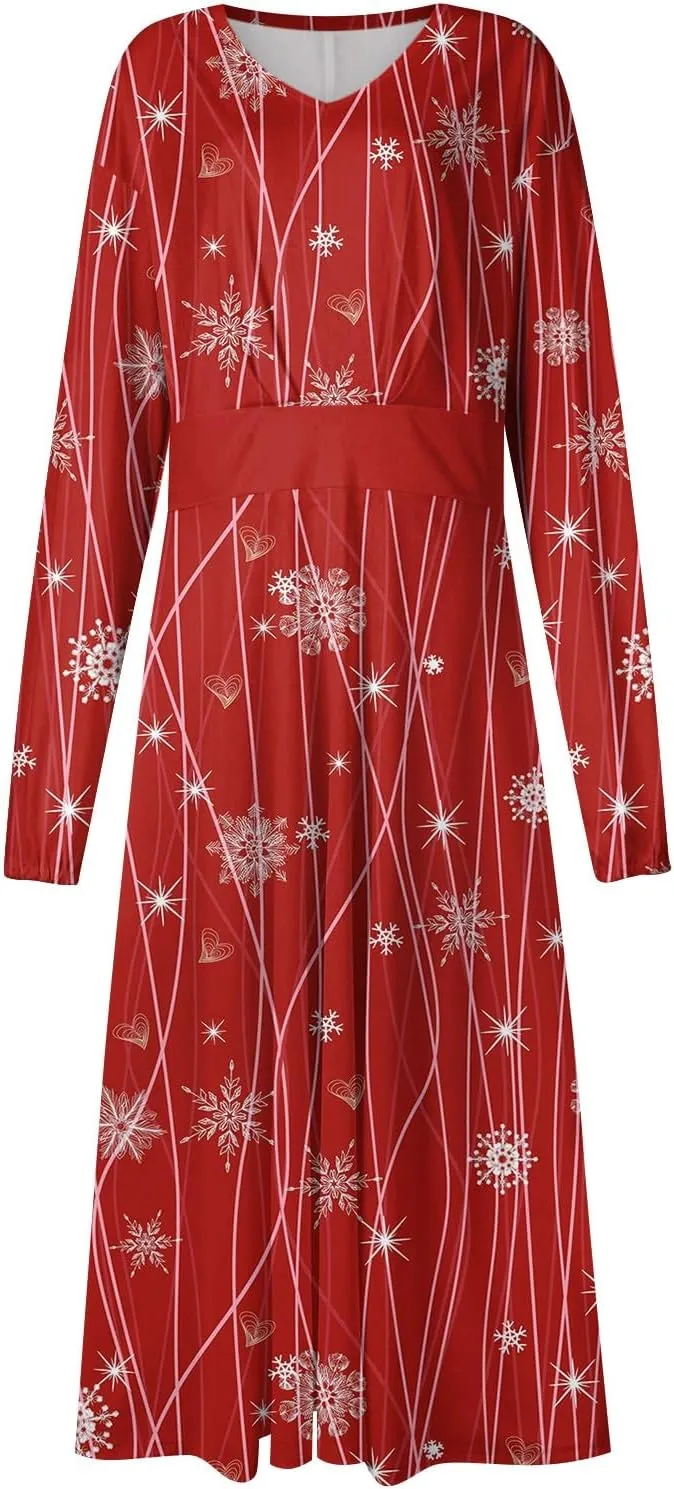 Ladies Long Sleeve Daily Dresses Dressy V-Neck Casual Midi Fashion Christmas Printed Winter Swing Dress