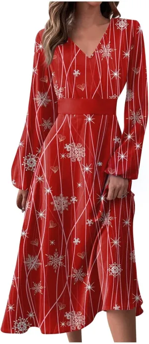 Ladies Long Sleeve Daily Dresses Dressy V-Neck Casual Midi Fashion Christmas Printed Winter Swing Dress