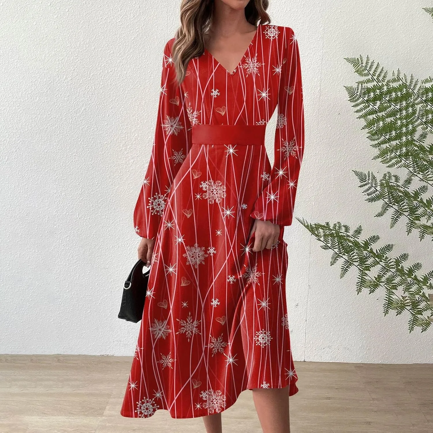 Ladies Long Sleeve Daily Dresses Dressy V-Neck Casual Midi Fashion Christmas Printed Winter Swing Dress