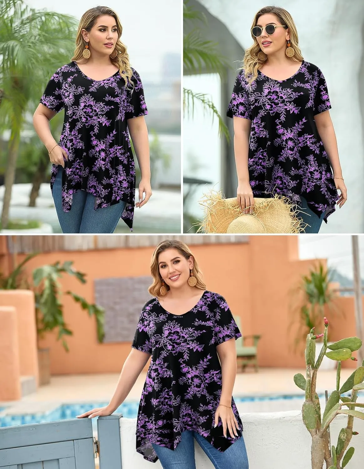 LARACE Plus Size Tops for Womens Summer Clothes Short Sleeve Shirts Casual V Neck Tunic Asymmetrical Blouses