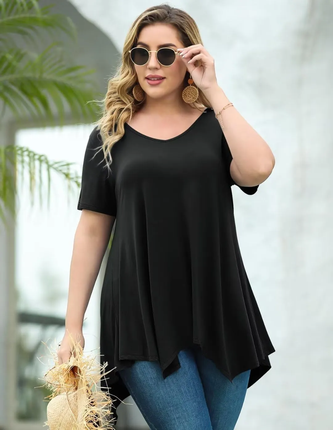 LARACE Plus Size Tops for Womens Summer Clothes Short Sleeve Shirts Casual V Neck Tunic Asymmetrical Blouses