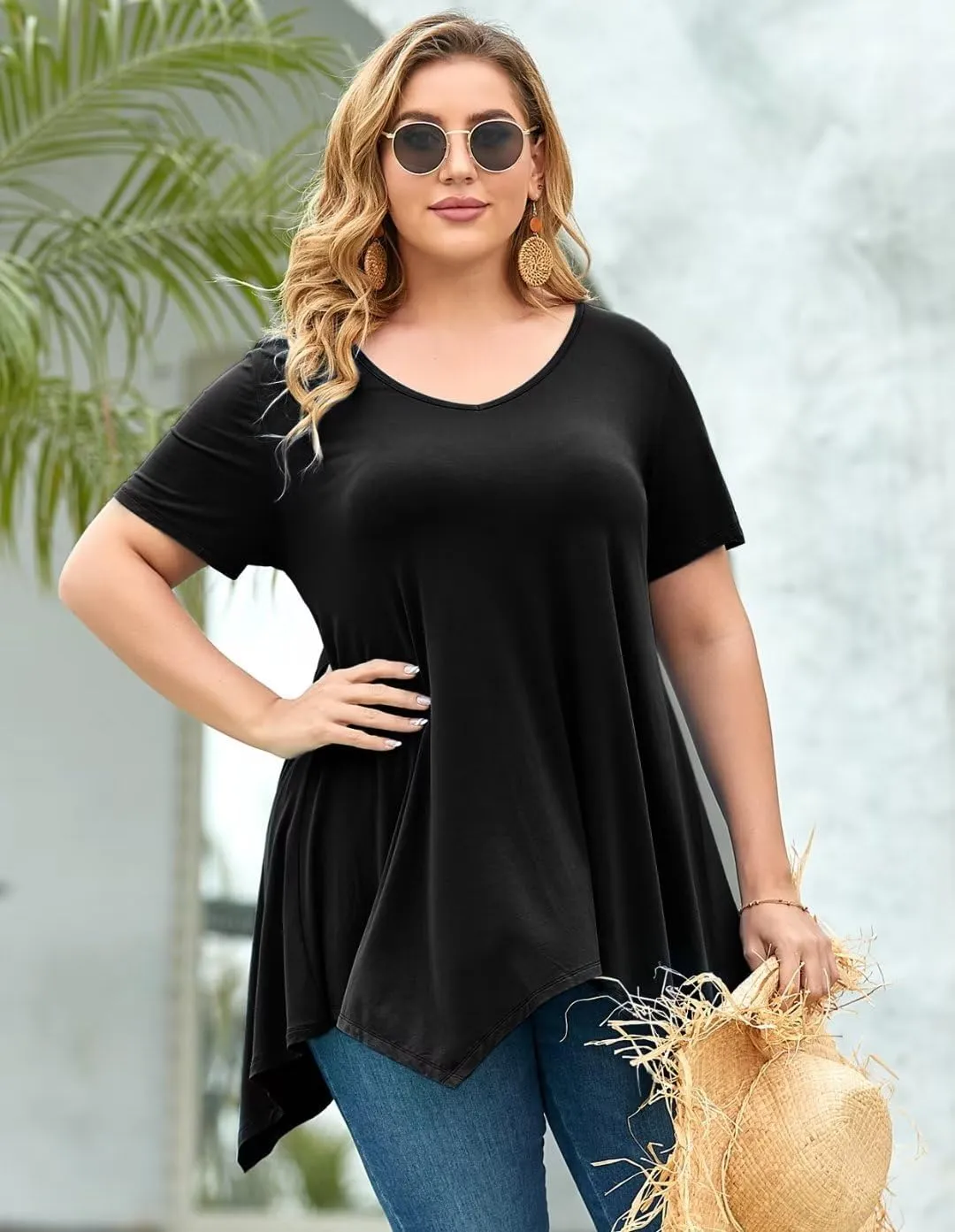 LARACE Plus Size Tops for Womens Summer Clothes Short Sleeve Shirts Casual V Neck Tunic Asymmetrical Blouses