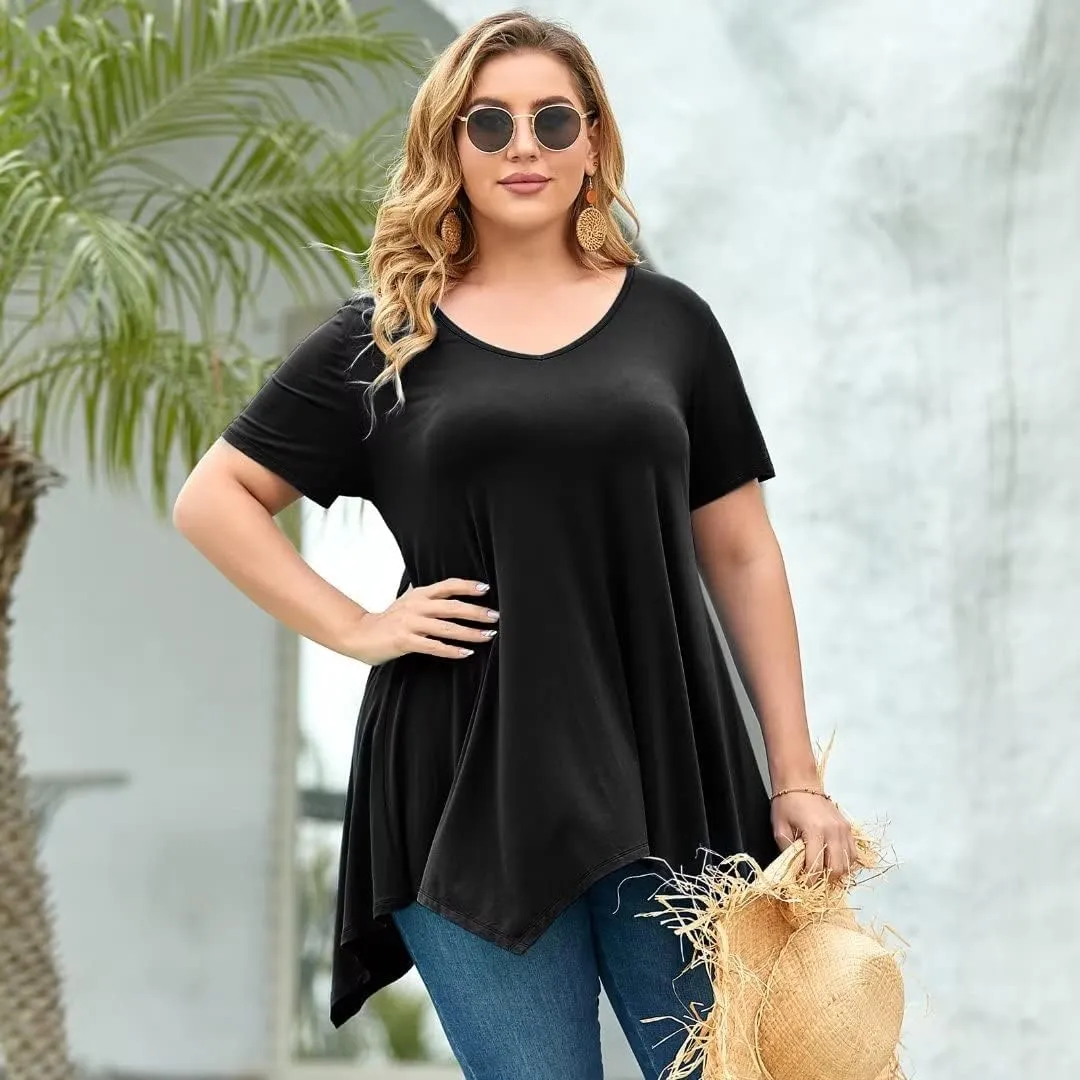 LARACE Plus Size Tops for Womens Summer Clothes Short Sleeve Shirts Casual V Neck Tunic Asymmetrical Blouses