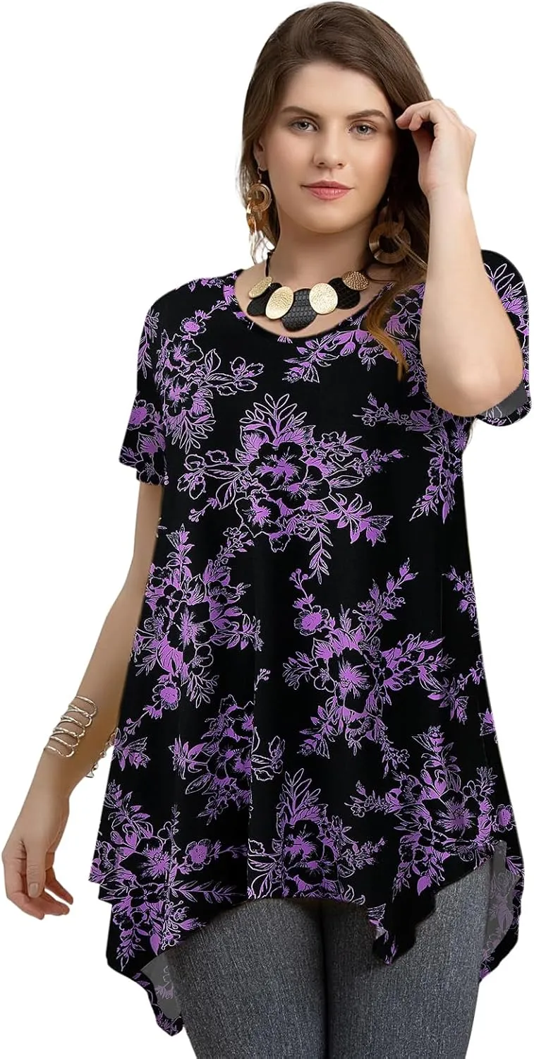 LARACE Plus Size Tops for Womens Summer Clothes Short Sleeve Shirts Casual V Neck Tunic Asymmetrical Blouses