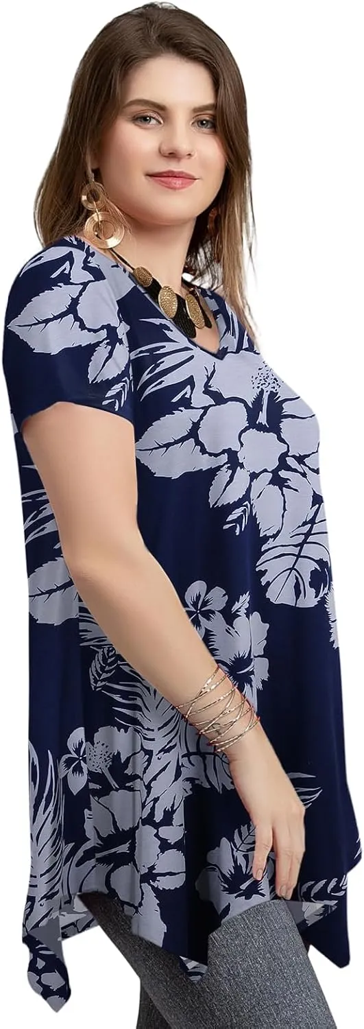 LARACE Plus Size Tops for Womens Summer Clothes Short Sleeve Shirts Casual V Neck Tunic Asymmetrical Blouses