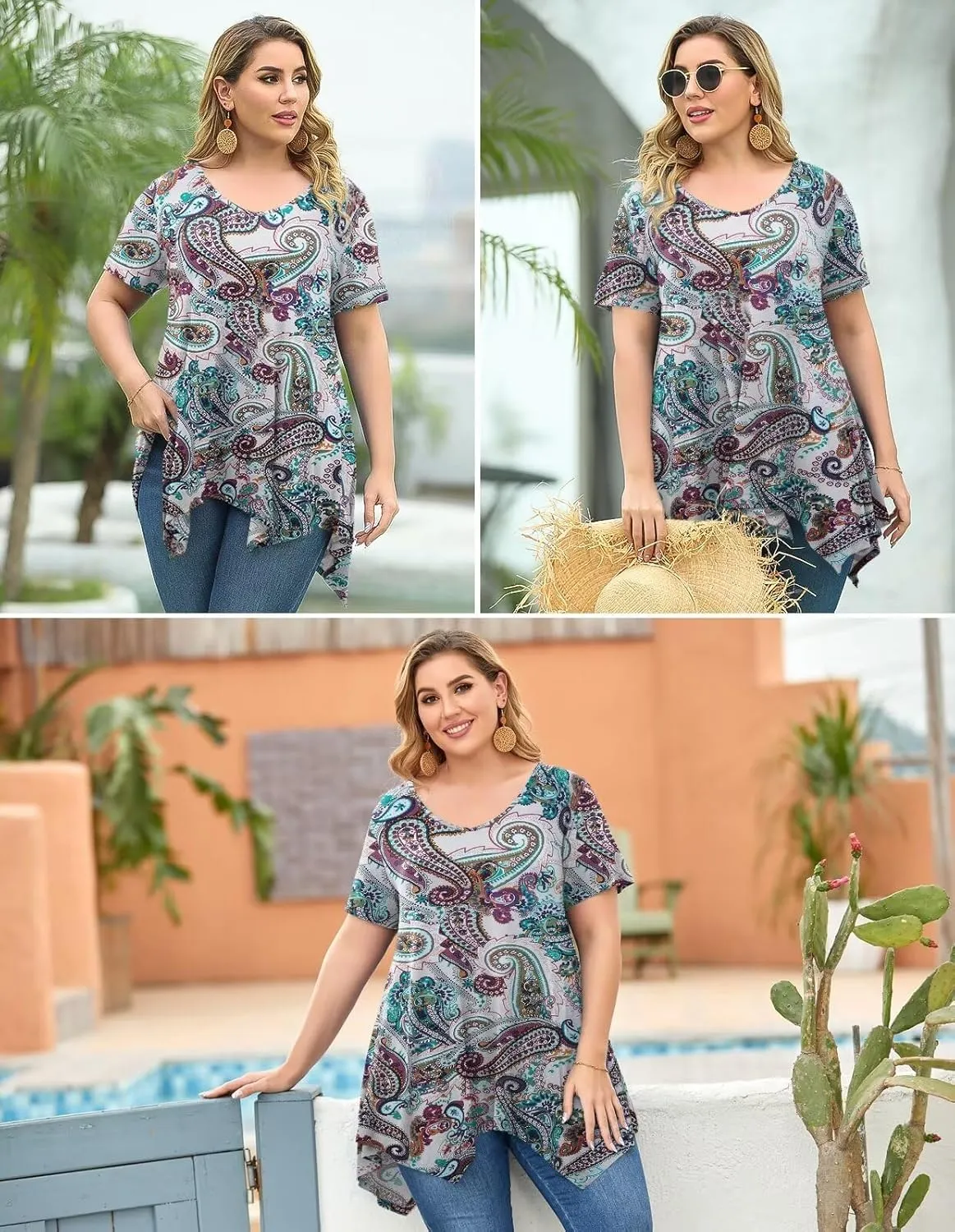 LARACE Plus Size Tops for Womens Summer Clothes Short Sleeve Shirts Casual V Neck Tunic Asymmetrical Blouses