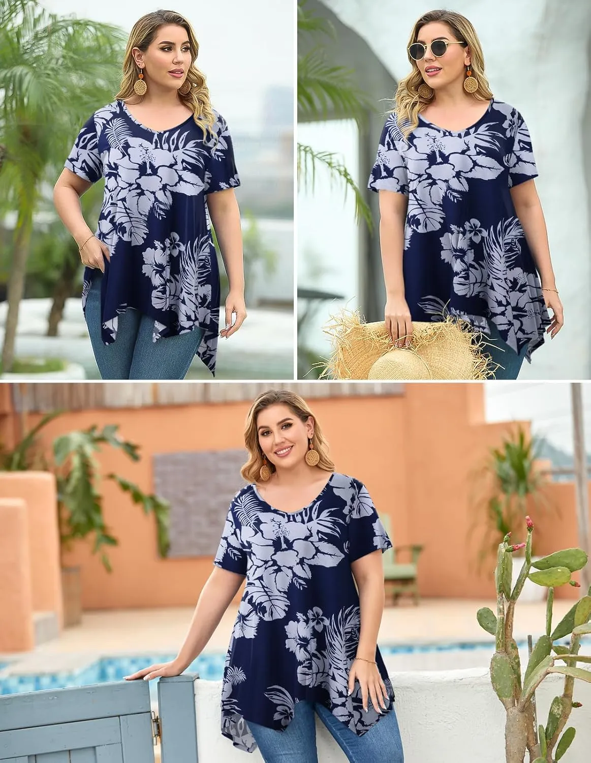 LARACE Plus Size Tops for Womens Summer Clothes Short Sleeve Shirts Casual V Neck Tunic Asymmetrical Blouses