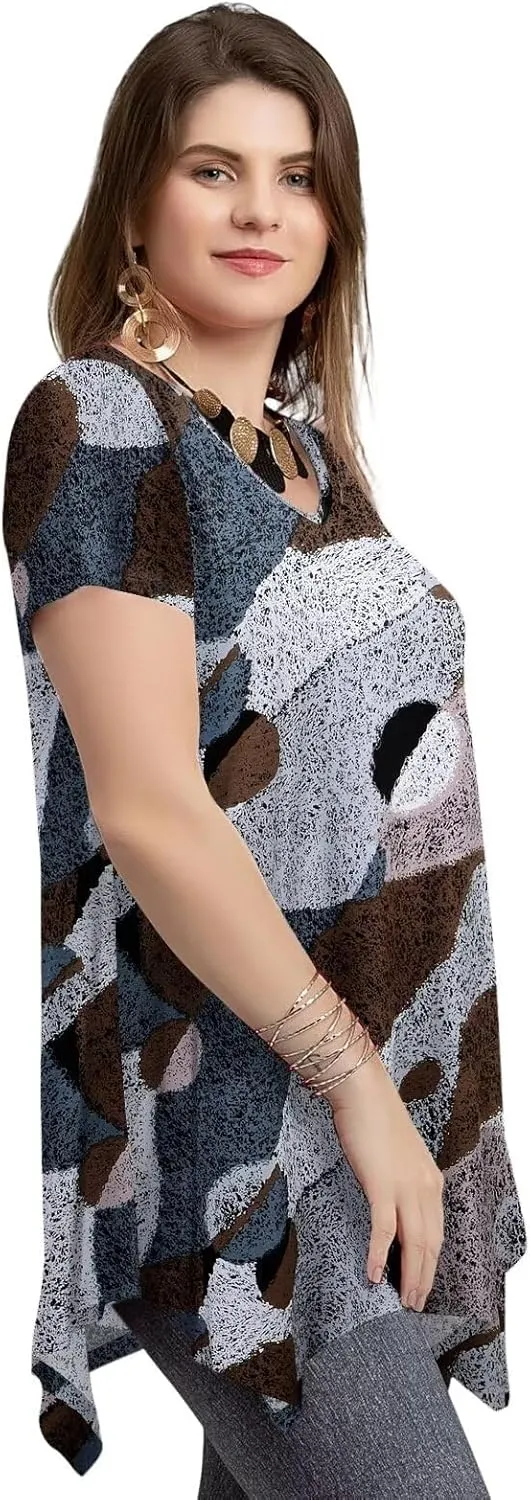 LARACE Plus Size Tops for Womens Summer Clothes Short Sleeve Shirts Casual V Neck Tunic Asymmetrical Blouses