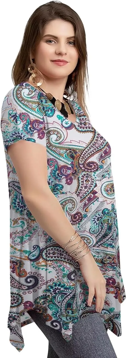 LARACE Plus Size Tops for Womens Summer Clothes Short Sleeve Shirts Casual V Neck Tunic Asymmetrical Blouses
