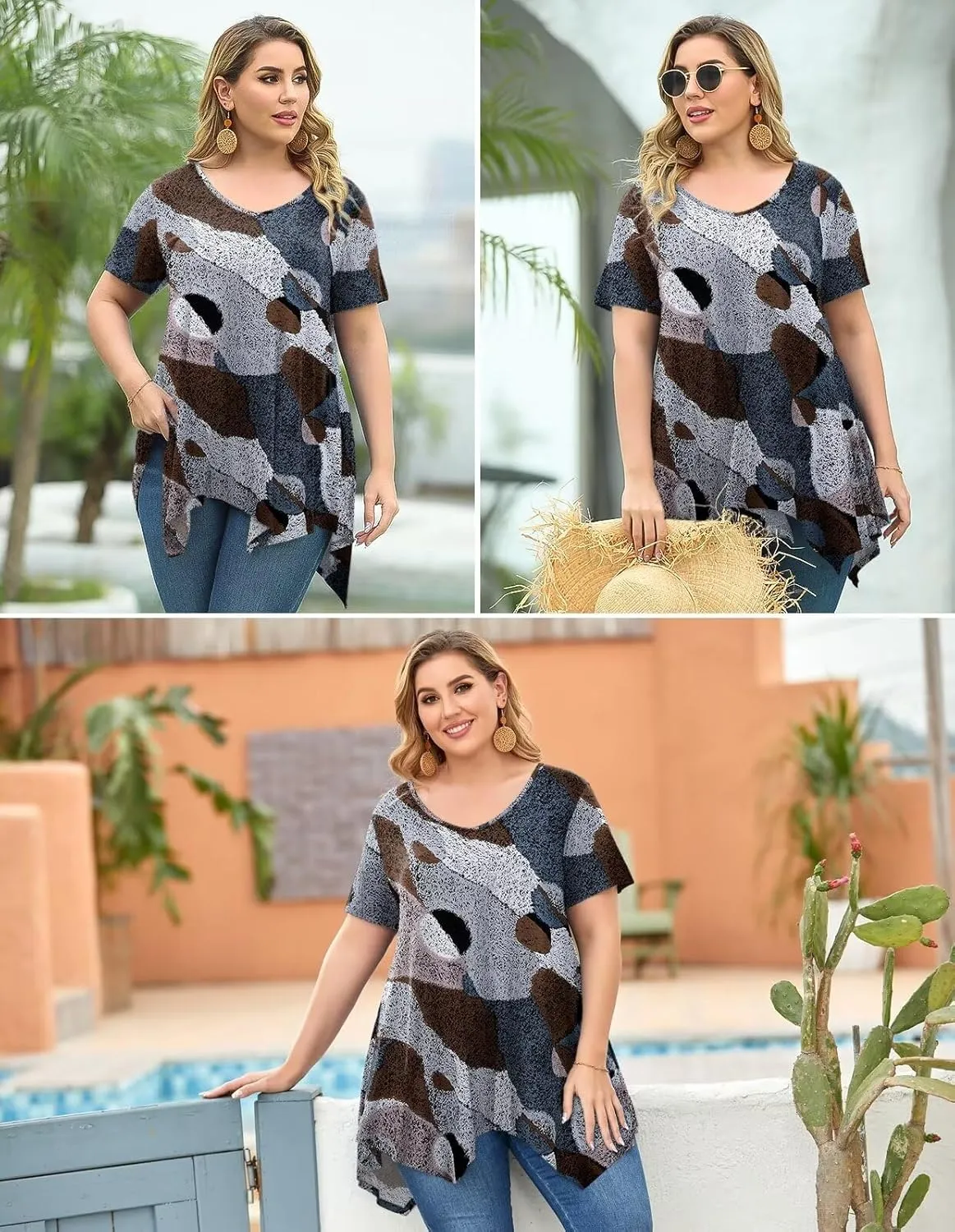 LARACE Plus Size Tops for Womens Summer Clothes Short Sleeve Shirts Casual V Neck Tunic Asymmetrical Blouses