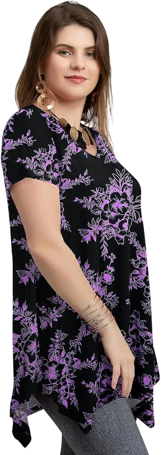 LARACE Plus Size Tops for Womens Summer Clothes Short Sleeve Shirts Casual V Neck Tunic Asymmetrical Blouses