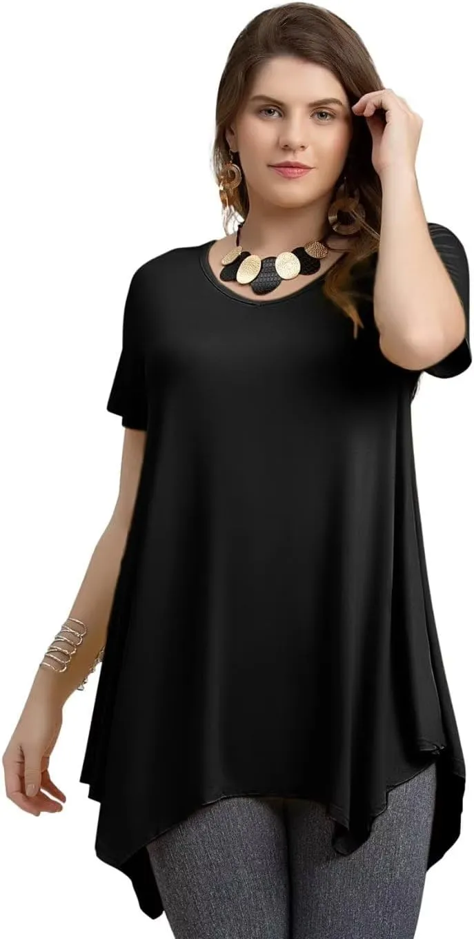 LARACE Plus Size Tops for Womens Summer Clothes Short Sleeve Shirts Casual V Neck Tunic Asymmetrical Blouses