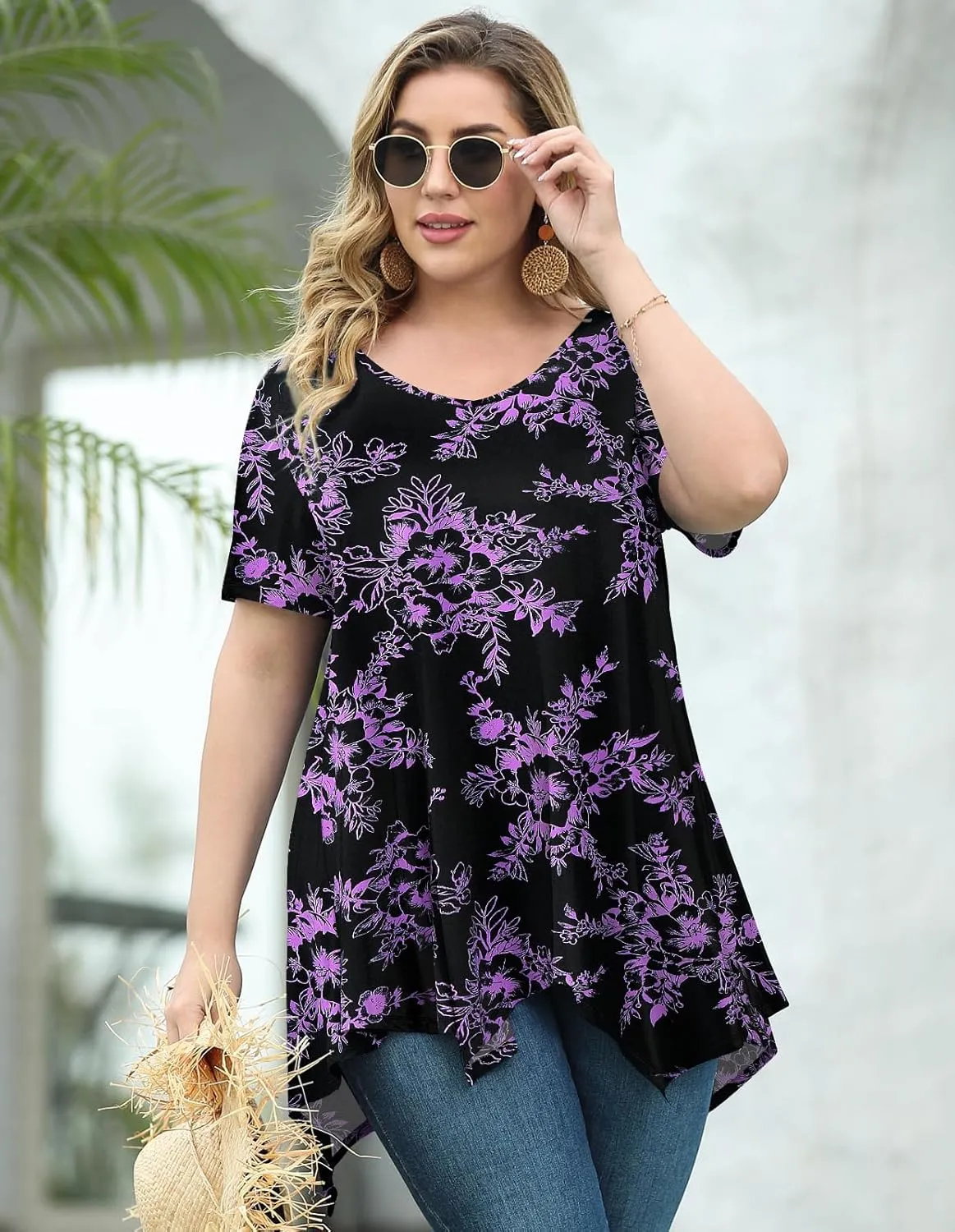 LARACE Plus Size Tops for Womens Summer Clothes Short Sleeve Shirts Casual V Neck Tunic Asymmetrical Blouses
