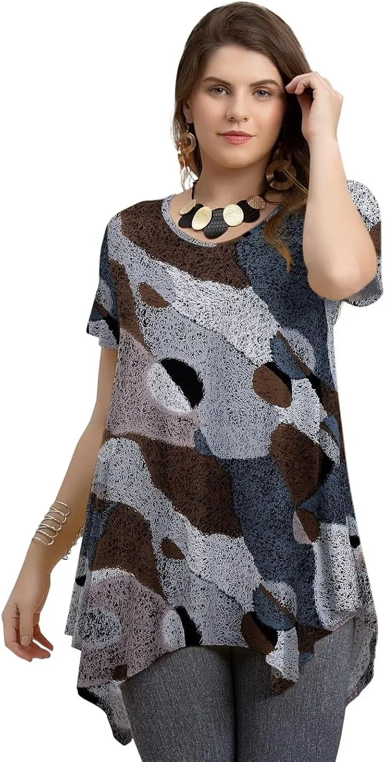 LARACE Plus Size Tops for Womens Summer Clothes Short Sleeve Shirts Casual V Neck Tunic Asymmetrical Blouses