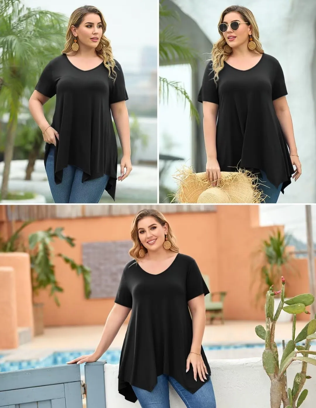 LARACE Plus Size Tops for Womens Summer Clothes Short Sleeve Shirts Casual V Neck Tunic Asymmetrical Blouses