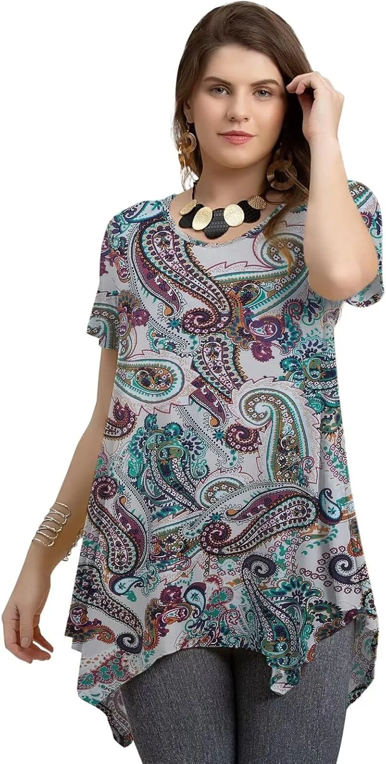 LARACE Plus Size Tops for Womens Summer Clothes Short Sleeve Shirts Casual V Neck Tunic Asymmetrical Blouses