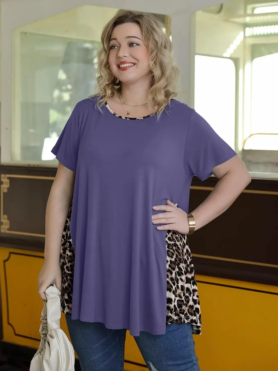 LARACE Womens Spring Summer Tops Plus Size Leopard Print Short Sleeve Tunic for Women 2025 Trendy Fashion Blouses