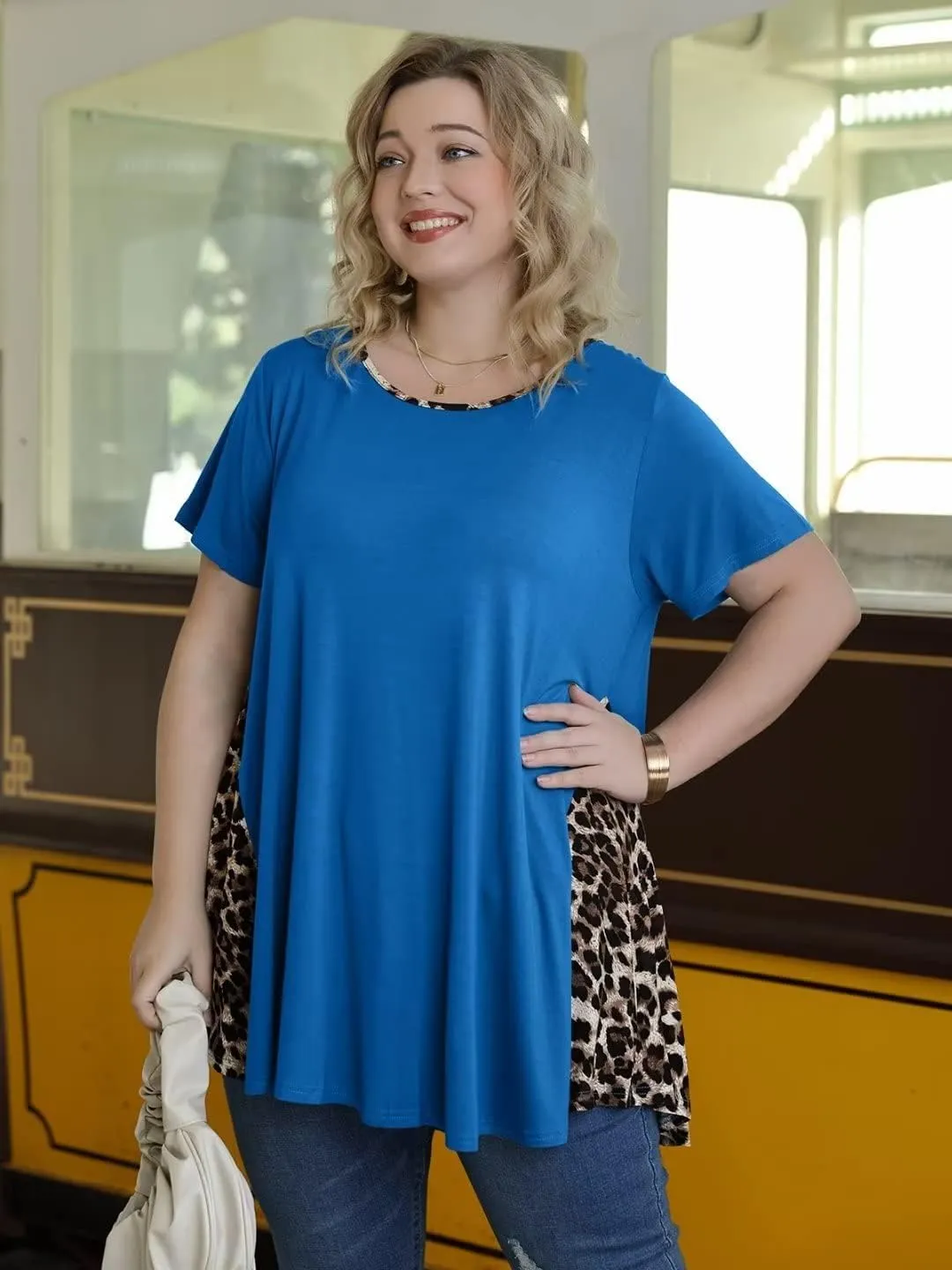 LARACE Womens Spring Summer Tops Plus Size Leopard Print Short Sleeve Tunic for Women 2025 Trendy Fashion Blouses